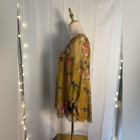 Belle France Yellow and Pink Ruched 3/4 Sleeve Blouse - Picture 2 of 7